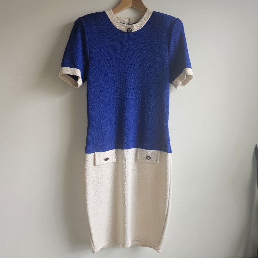 Vintage 90s St. John Classic Knit Blue Cream Colorblock Dress